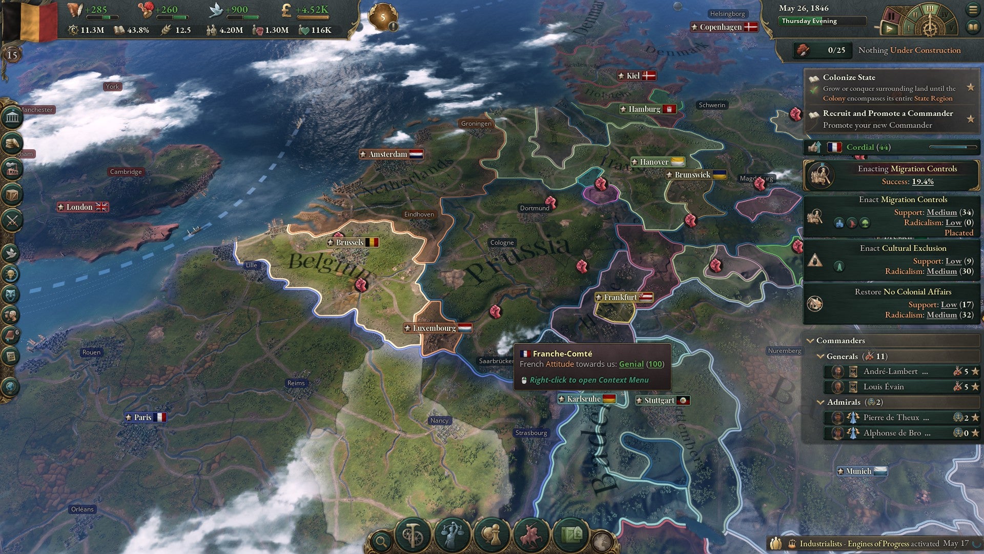 A screenshot from Victoria 3 showing a map of Europe with a gameplay interface displaying in-game data and activity