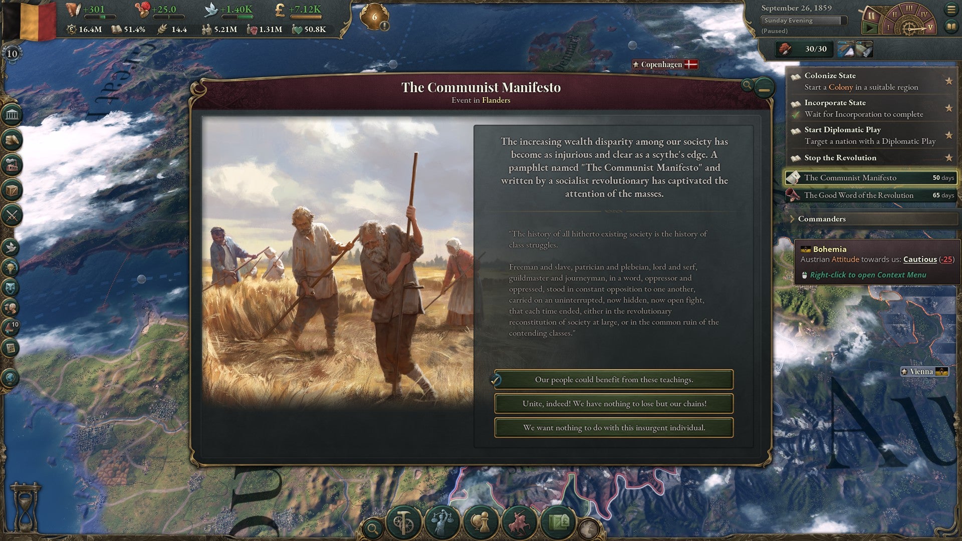 A screenshot from Victoria 3 showing a story snippet with a multiple choice answer box.  It refers to the acceptance or rejection of the Communist Manifesto.
