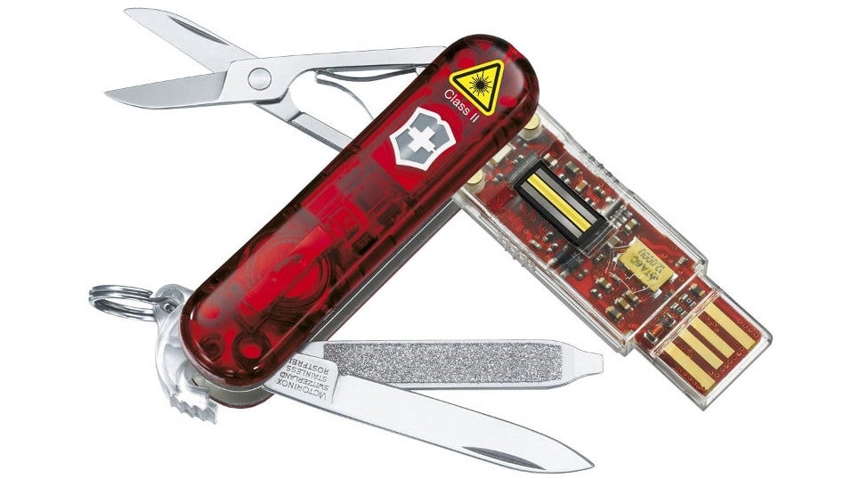 A photo of the Swiss Army Presentation Master knife, which has a laser pointer, USB thumb drive, and Bluetooth remote control.