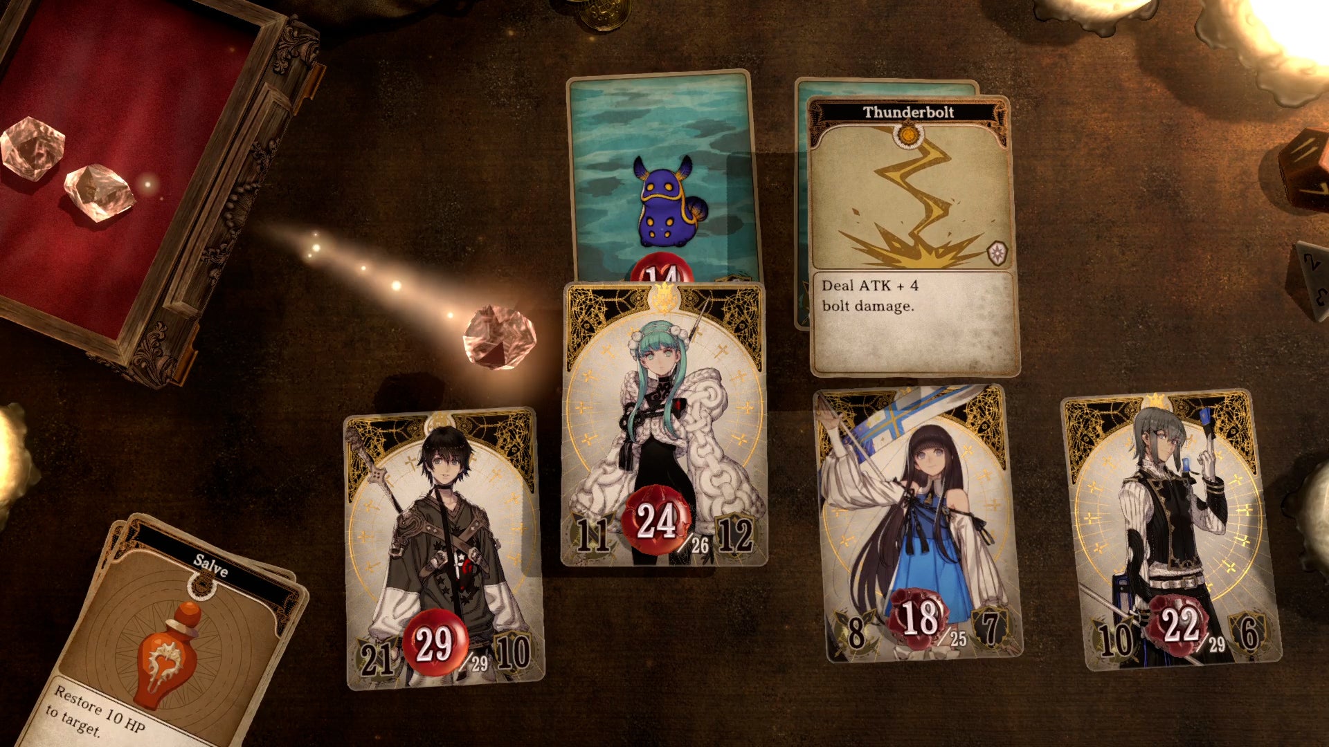 Card battles in a Voice Of Cards: The Forsaken Maiden screenshot.