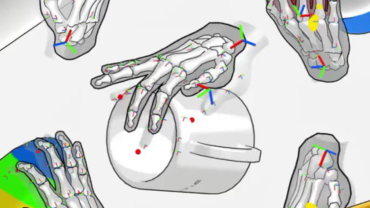An image showing several skeletal hands, with fingers physically bending around objects. At the centre of the image is a hand touching the rim of a cup.