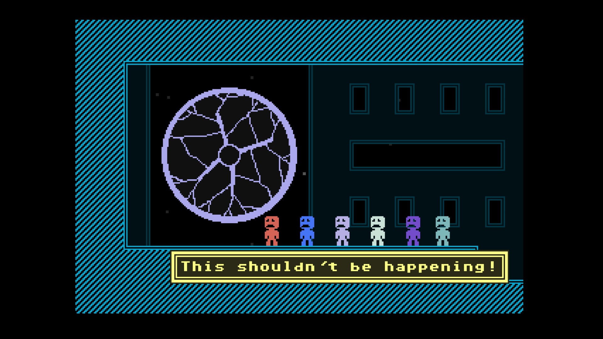Six pixel people stand in front of a teleporter in VVVVVV
