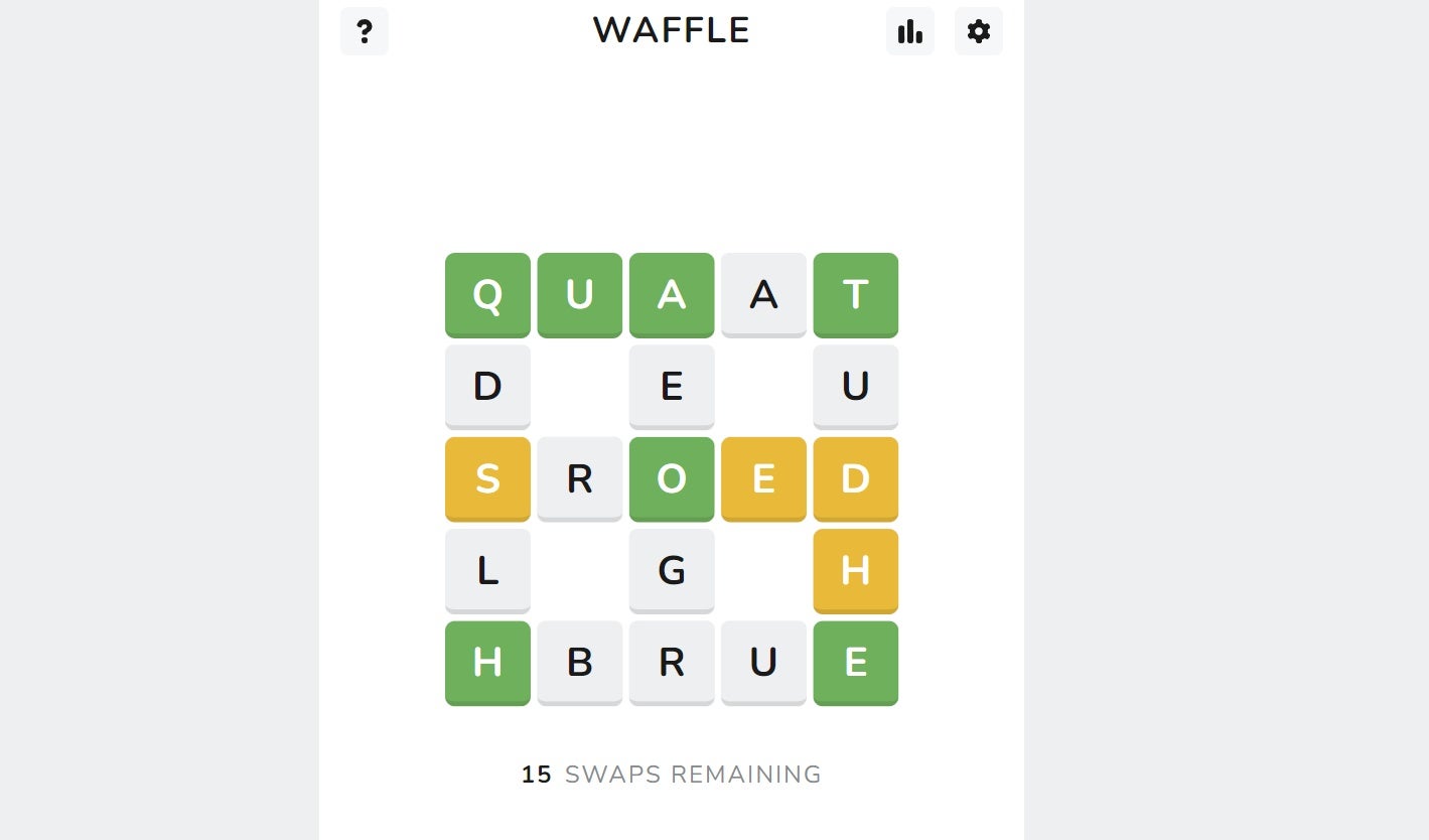 A screenshot of Waffle, showing a grid of five intersecting jumbled words, with some letters coloured green and yellow.