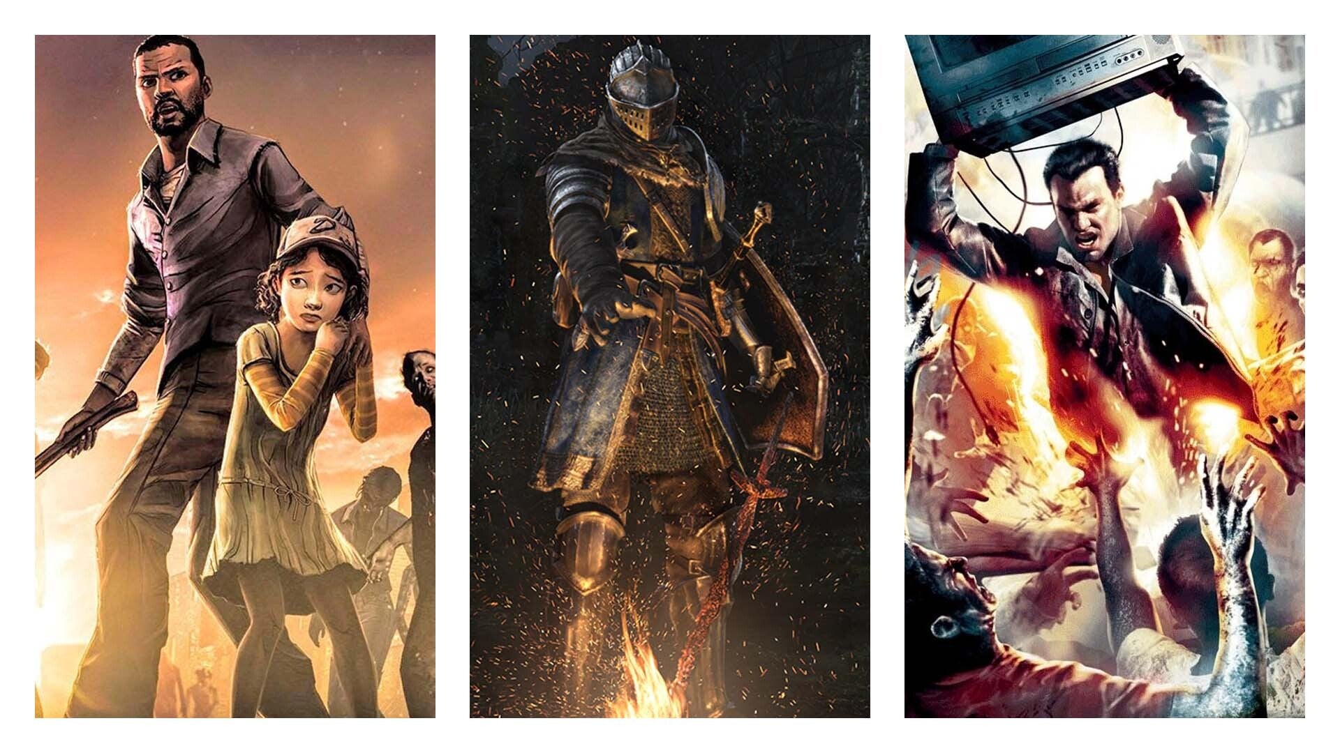 A composite image divided into thirds. From left to right: Lee and Clementine from The Walking Dead, a knight from Dark Souls, and Frank West from Dead Rising