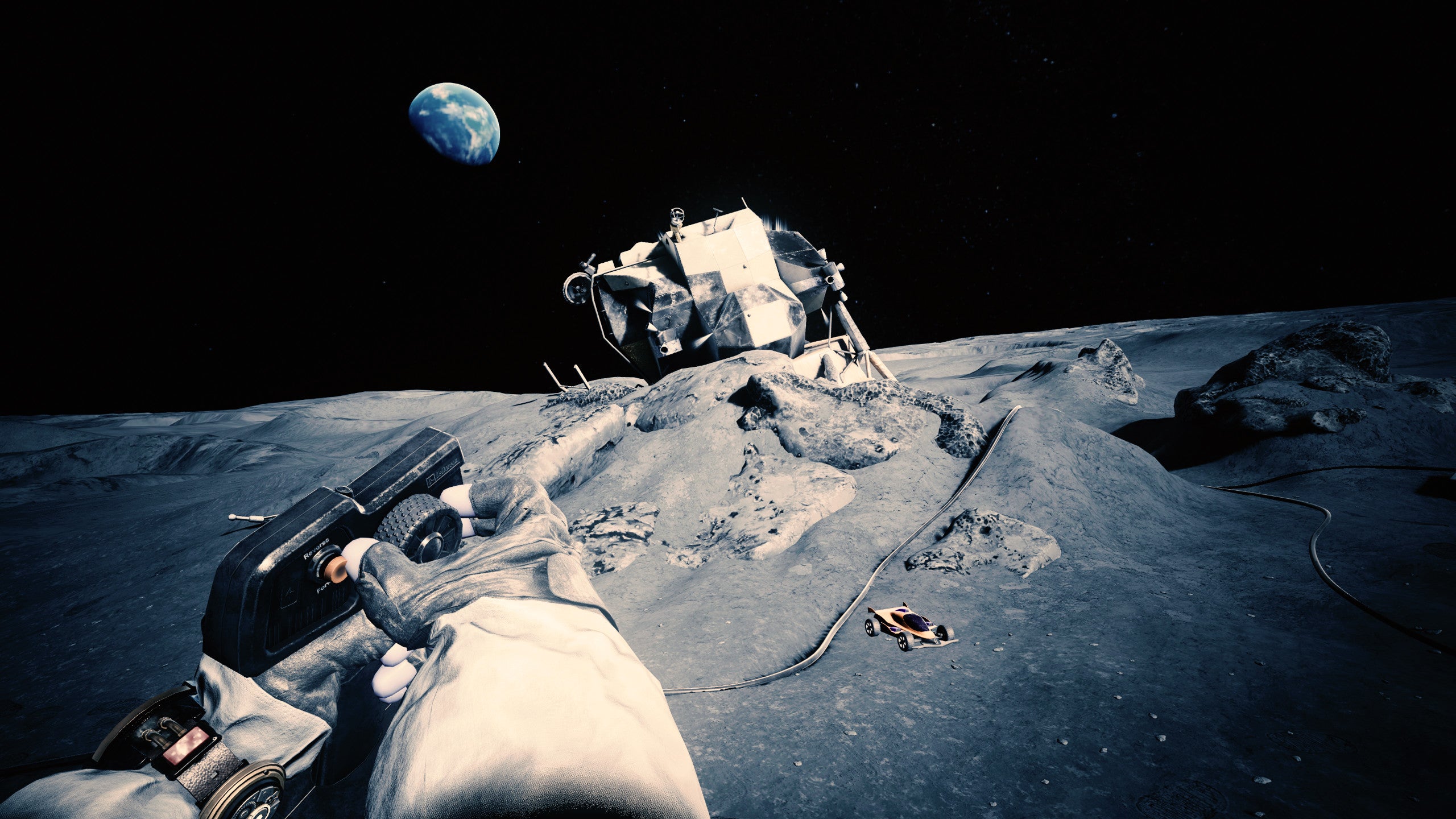 Uma paisagem lunar estéril no jogo VR Wanderer
