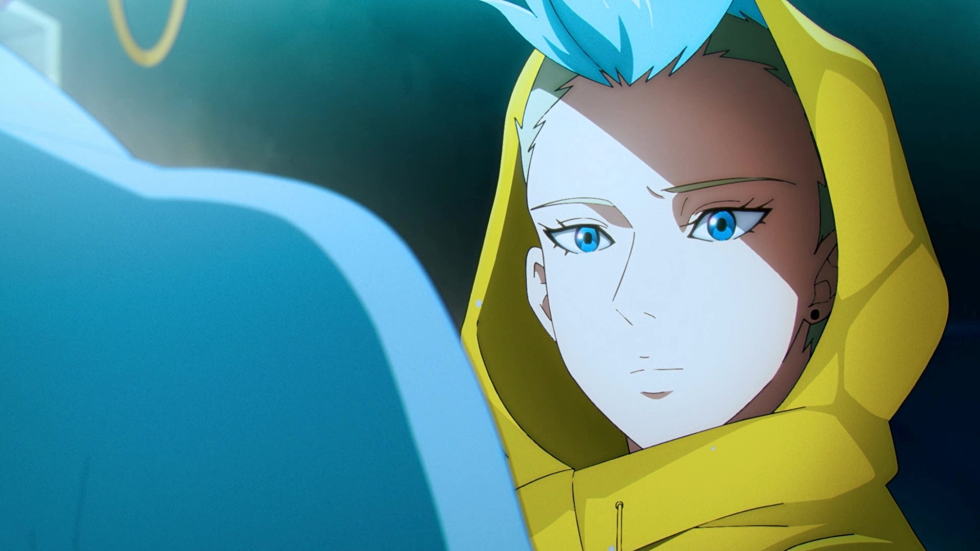 A blue haired woman wearing a yellow jacket with the hood pulled over her head looks at a police officer whose face is off-camera. It's an anime cutscene from Wanted: Dead.