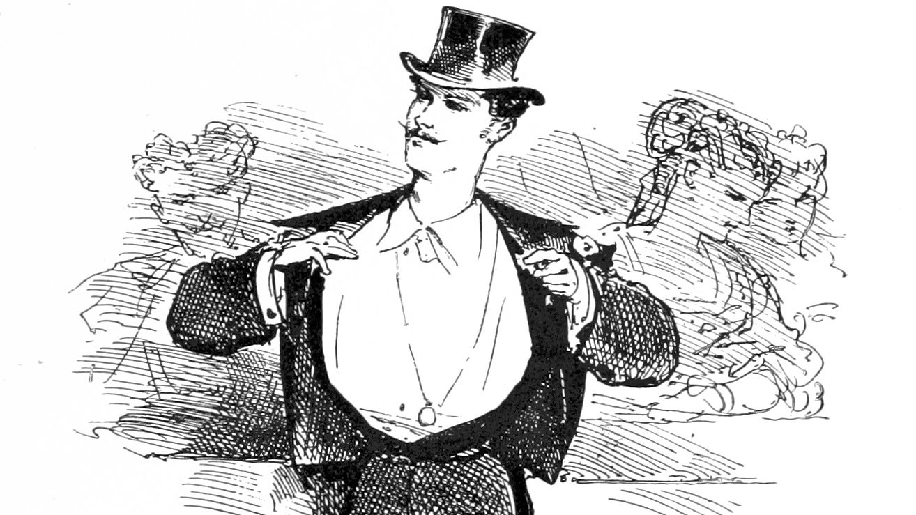 A fancy man removing his tuxedo jacket in an illustration from 'Paris herself again in 1878-9'.