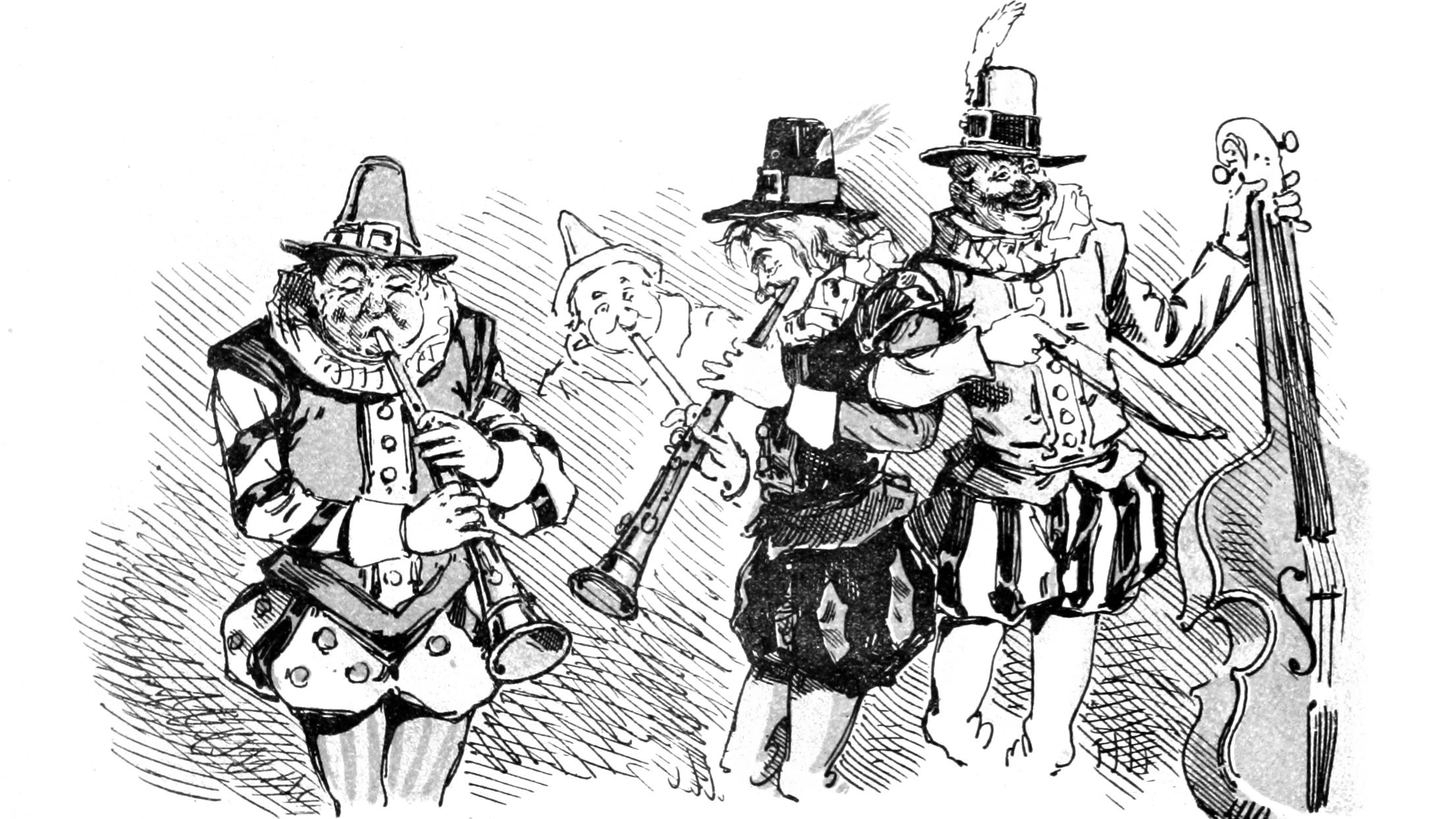Merry-looking musicians in an illustration from 'The Merry Ballads of the Olden Time, illustrated in pictures & rhyme'.