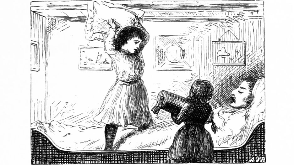 Children hit a sleeping man with cushions in an illustration from 'Sunshine and Storm in the East; or, Cruises to Cyprus and Constantinople'.