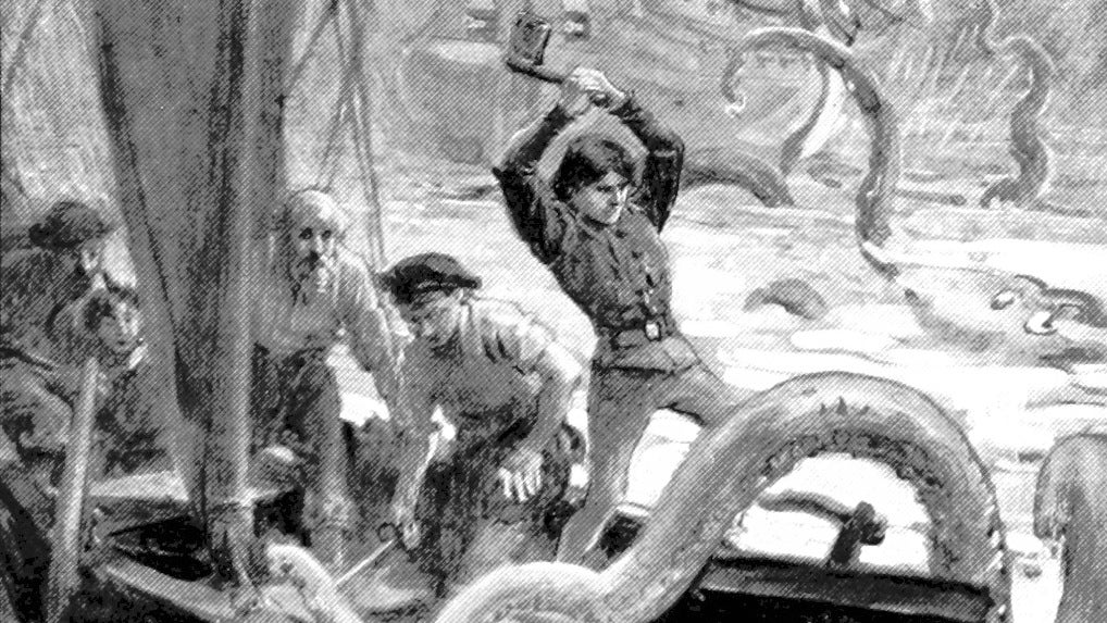 Axing a kraken in an illustration from 'The Golden Galleon, etc'.