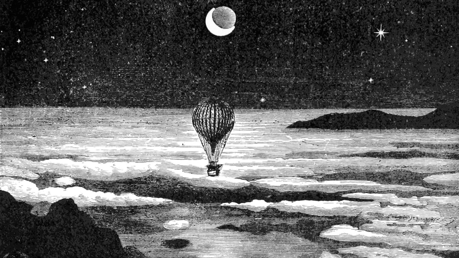 A hot air balloon rises above the clouds before a crescent moon in an illustration from 'The Half Hour Library of Travel, Nature and Science for young readers'.