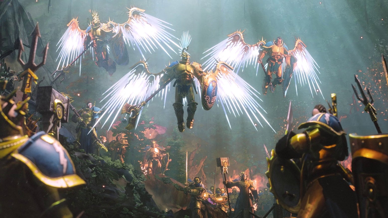 Angelic Stormcast warriors in a Warhammer Age Of Sigmar: Storm Ground trailer.
