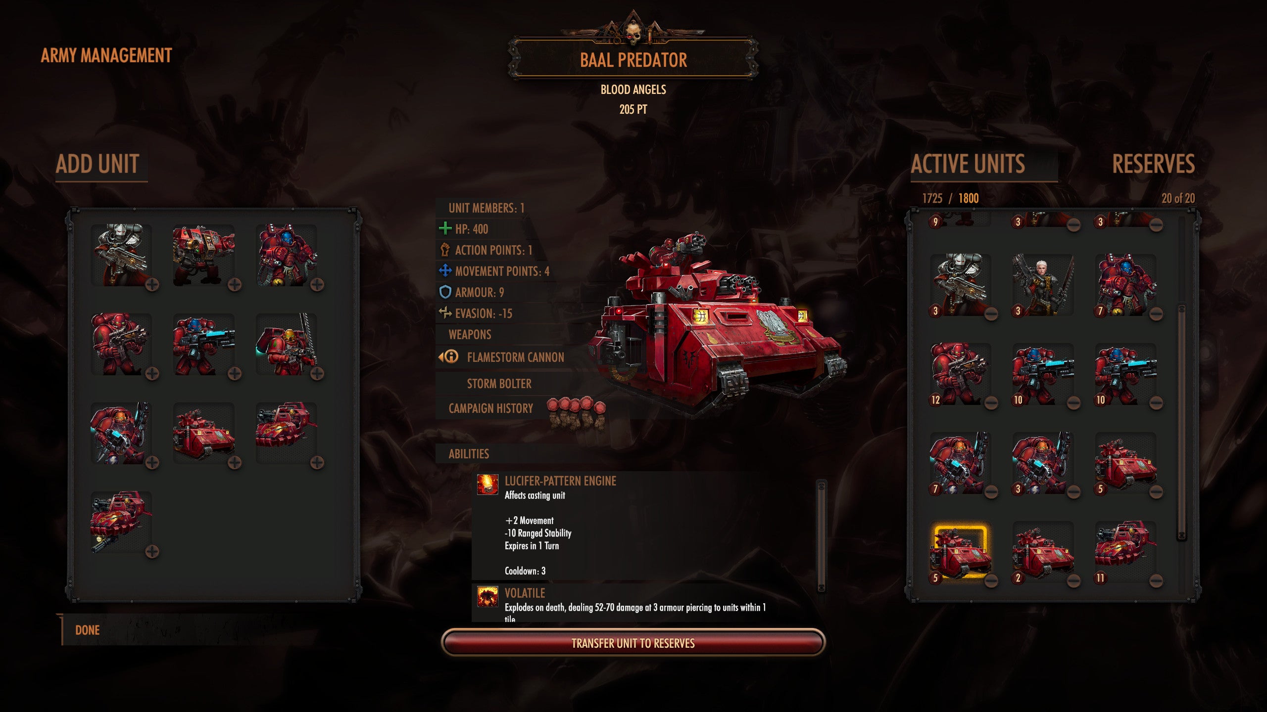Picking army composition in a Warhammer 40,000: Battlesector screenshot.