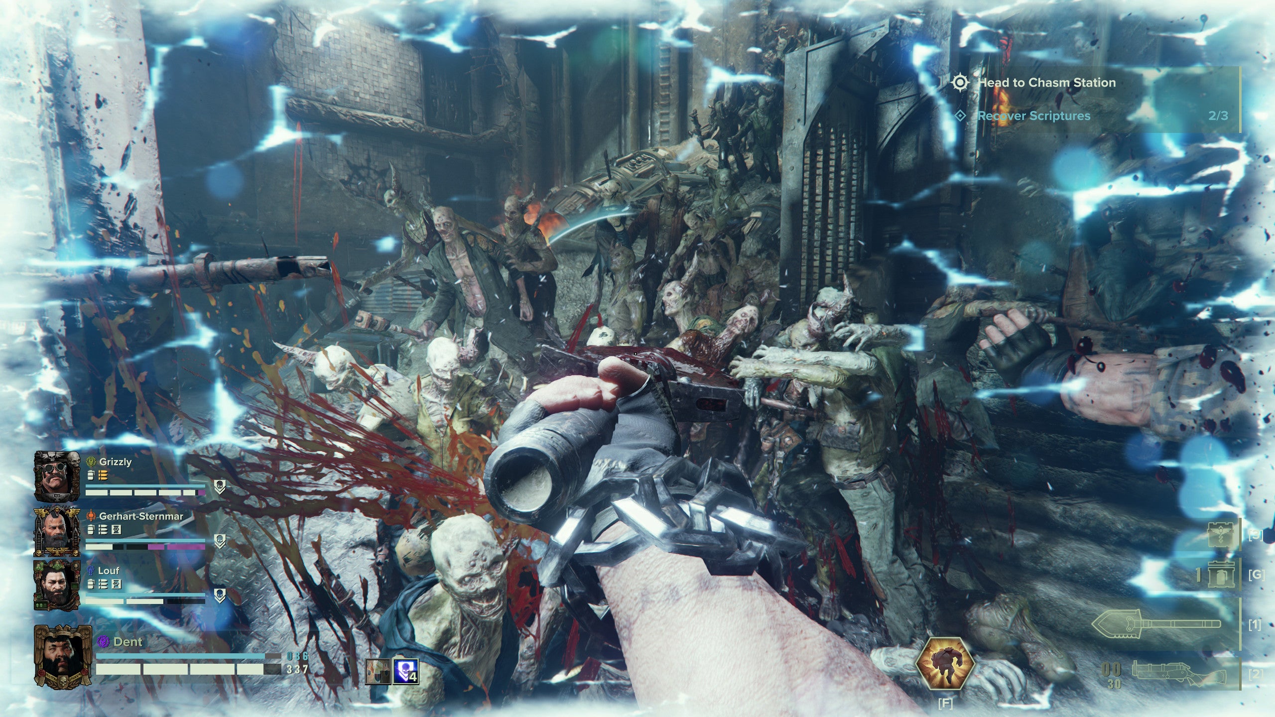 Cutting through hordes in a Warhammer 40,000: Darktide screenshot.