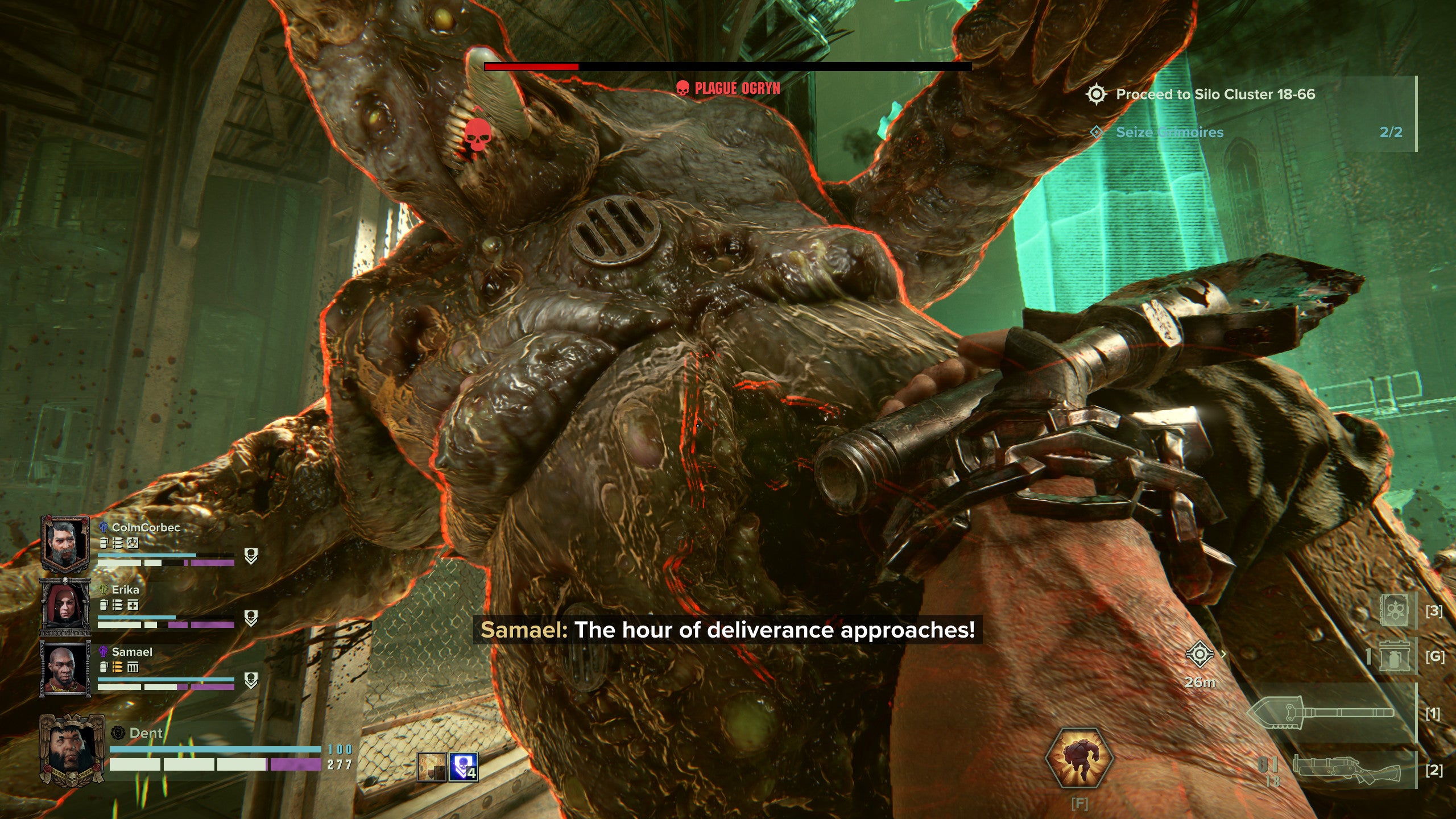 Cutting into a Plague Ogryn miniboss in a Warhammer 40,000: Darktide screenshot.