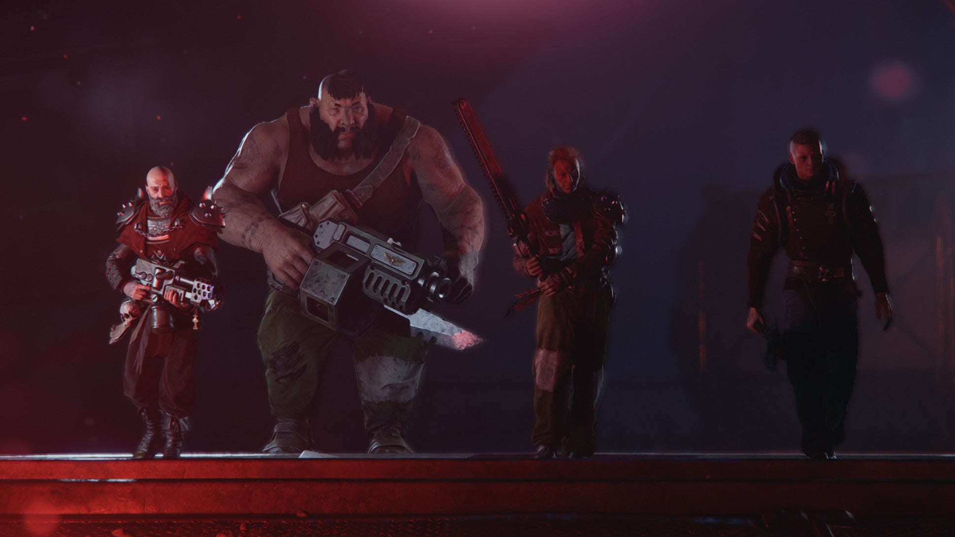 A misfit squad stride out in a Warhammer 40,000: Darktide screenshot.