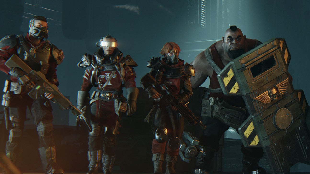 A high-level squad pose in a Warhammer 40,000: Darktide cutscene screenshot.