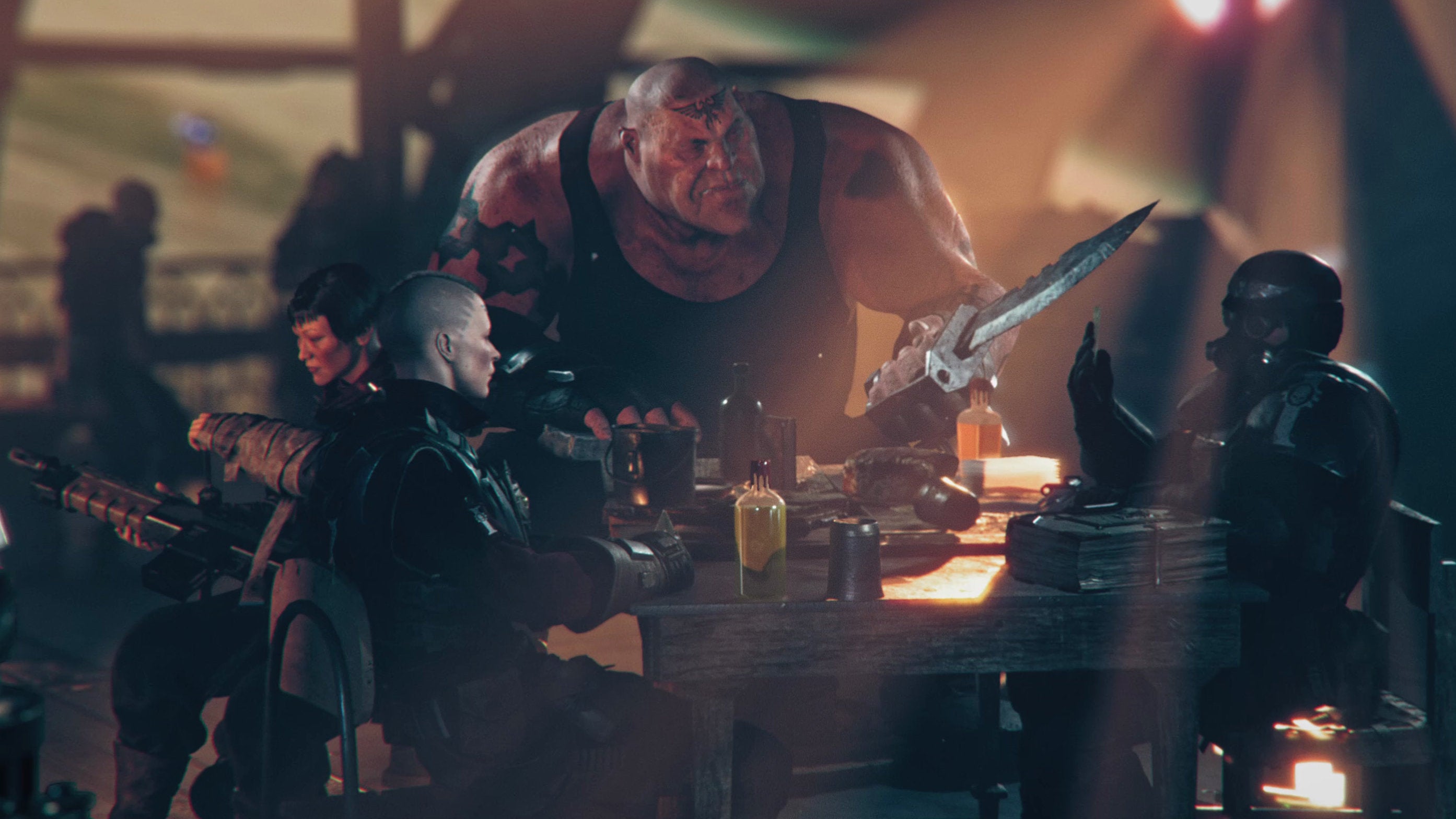 The Warhammer 40,000: Darktide squad at a pub table in the release date announcement trailer.