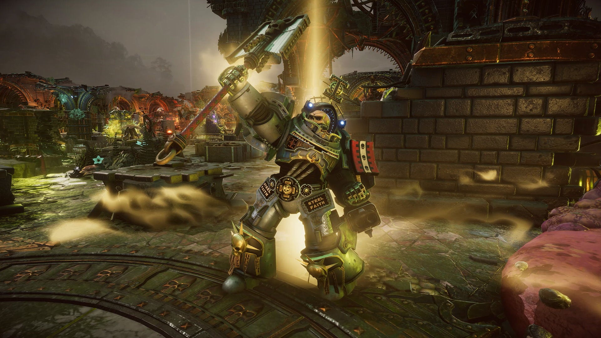 A Knight with a skull for a head raises a large axe in Warhammer 40K: Chaos Gate - Daemonhunters
