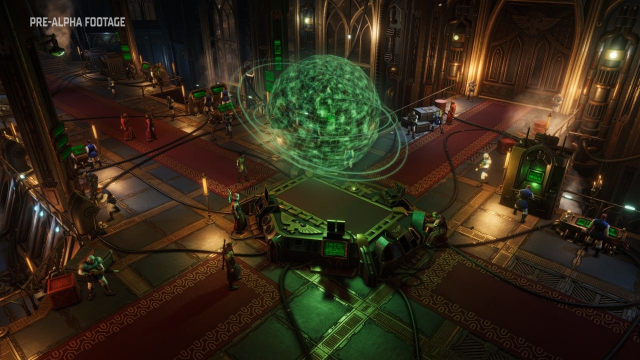A makeshift base build inside what looks like a church in Warhammer 40k: Rogue Traders, showing a hologram planet map
