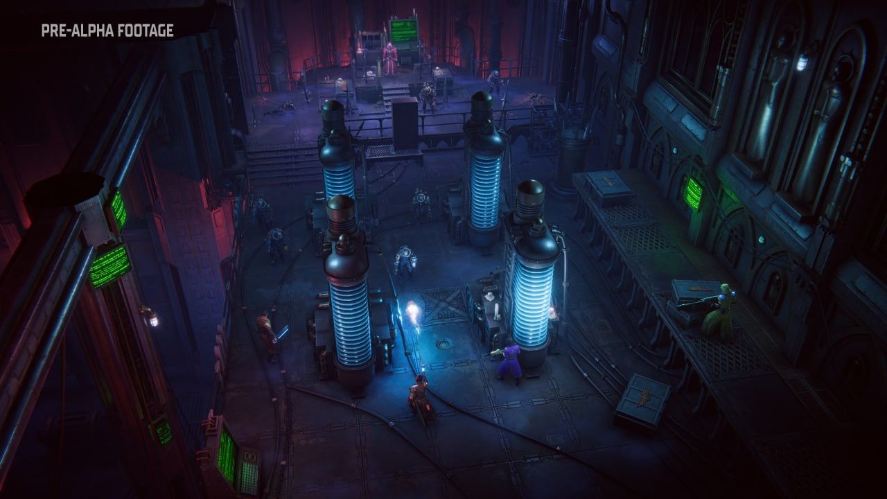 A strange underground room in Warhammer 40k: Rogue Traders, lit only by some blue power pylons on the floor