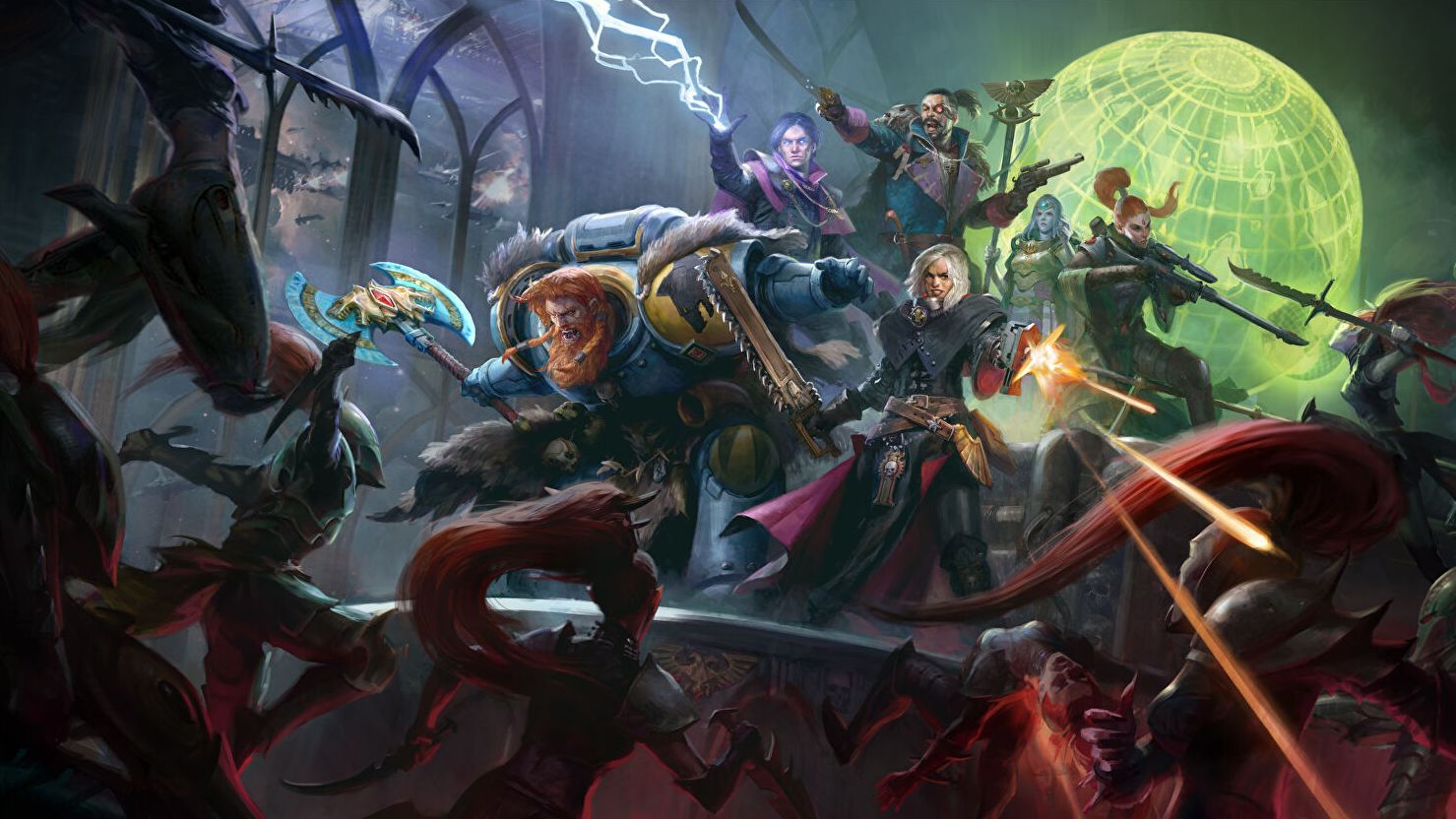 Key art from Warhammer 40k: Rogue Trader showing a group of different warriors in a firefight in space