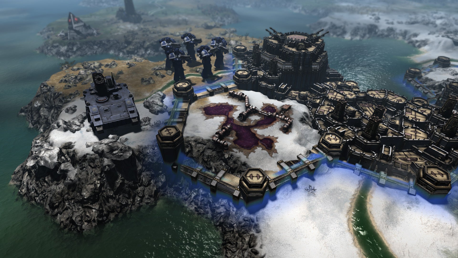 An overhead view of a city with space marines outside in Warhammer 40K: Gladius - Relics Of War