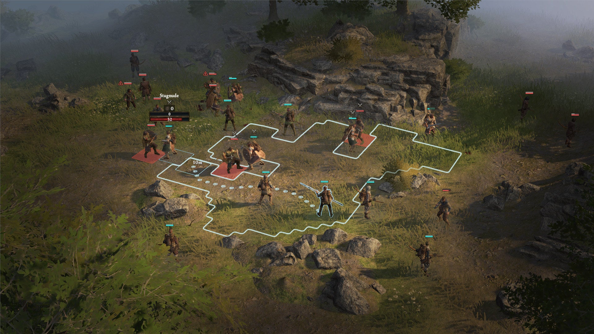 A grid-based battlefield in a Wartales screenshot.