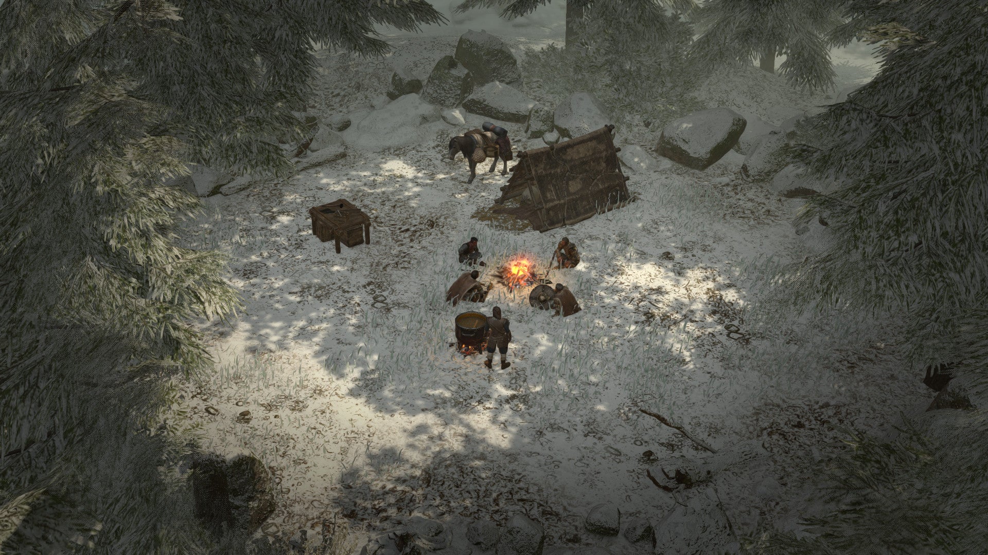 Warriors gather round a campfire in Wartales