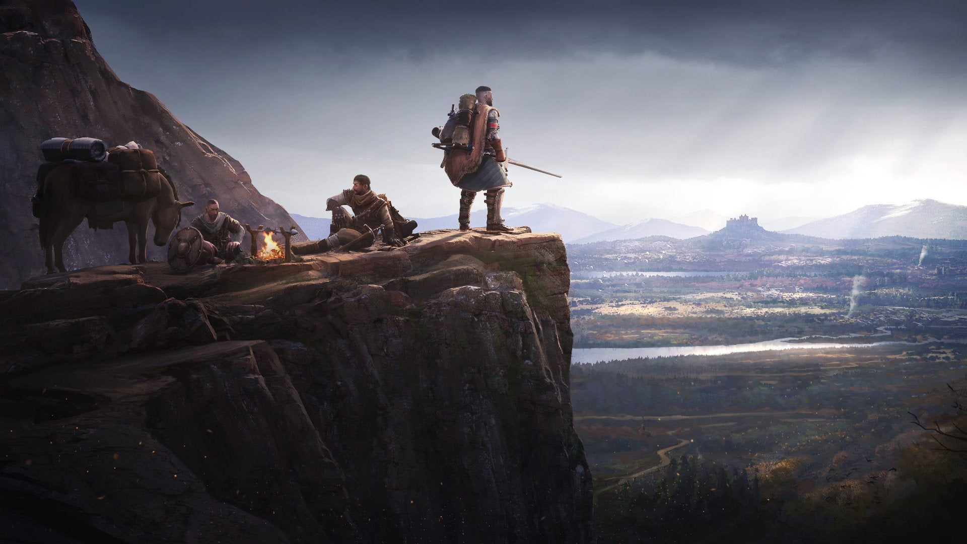 Artwork for Wartales, showing a band of mercenaries on a mountain looking out over a medieval landscape