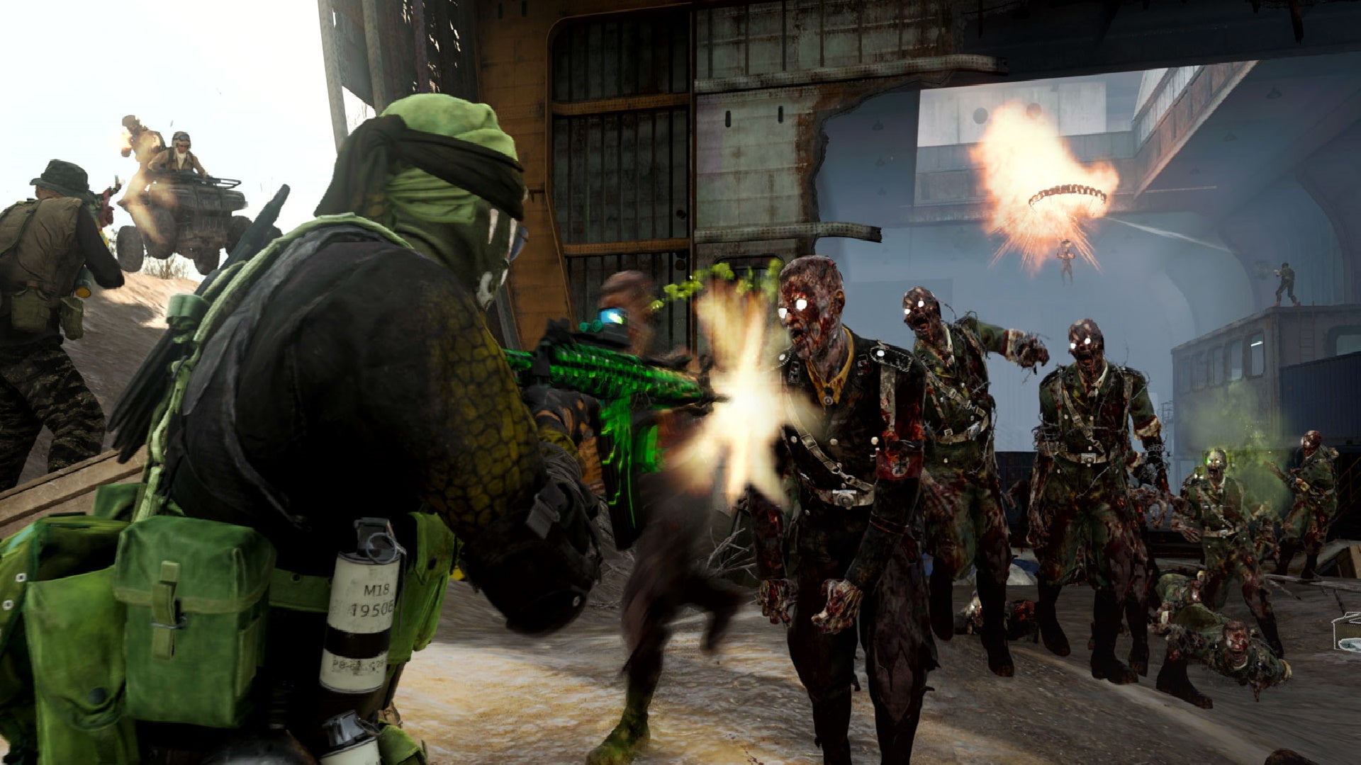 A screenshot from Warzone's Shipwreck location, where a character fires an assault rifle at a wave of zombies that stream towards him.