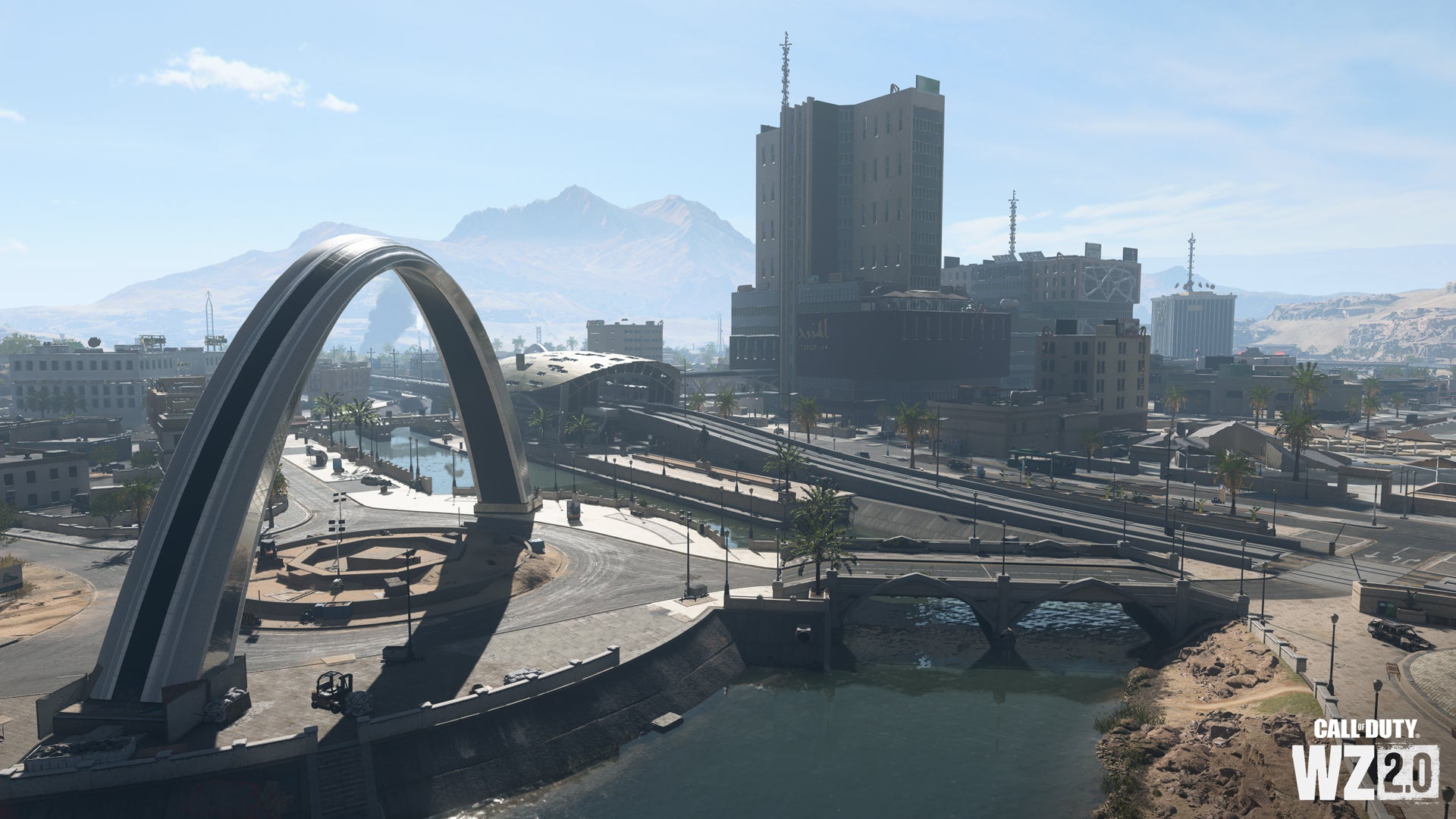 The highly modern downtown cityscape of Al Mazrah as seen in COD: Warzone 2.0.