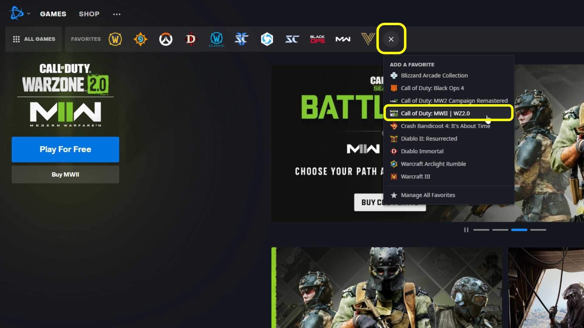 A screenshot of the Battle.NET launcher, with the Plus icon on the favourites bar expanded and Warzone 2 highlighted in the drop-down menu.