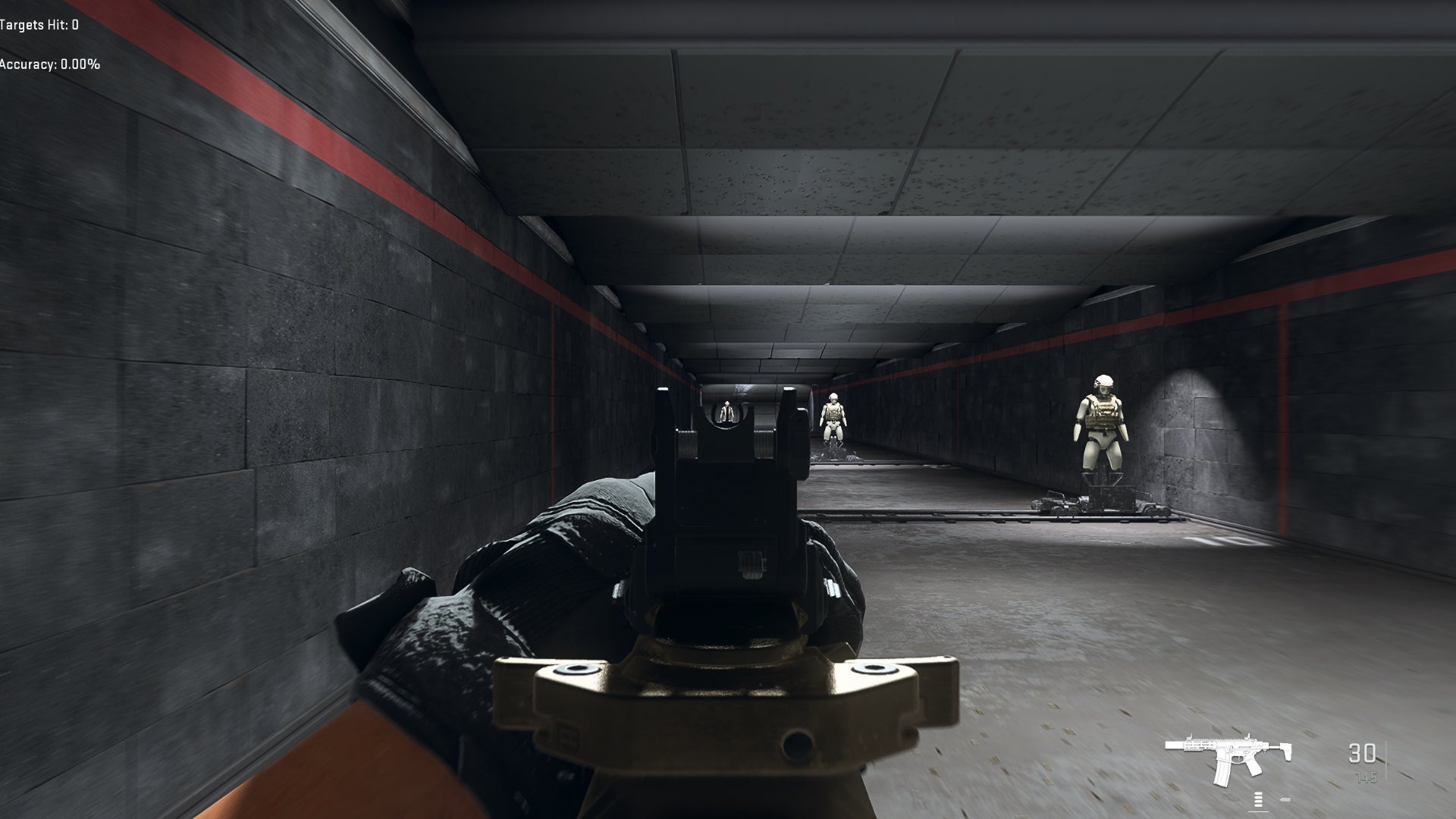 The player in Warzone 2.0 aims at a training dummy with the BAS-P ironsights.
