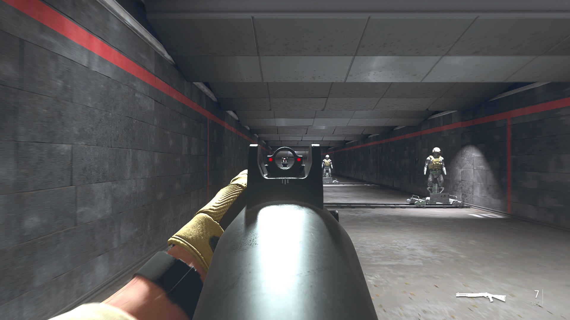 The player in Warzone 2.0 aims at a training dummy with the Expedite 12 ironsights.