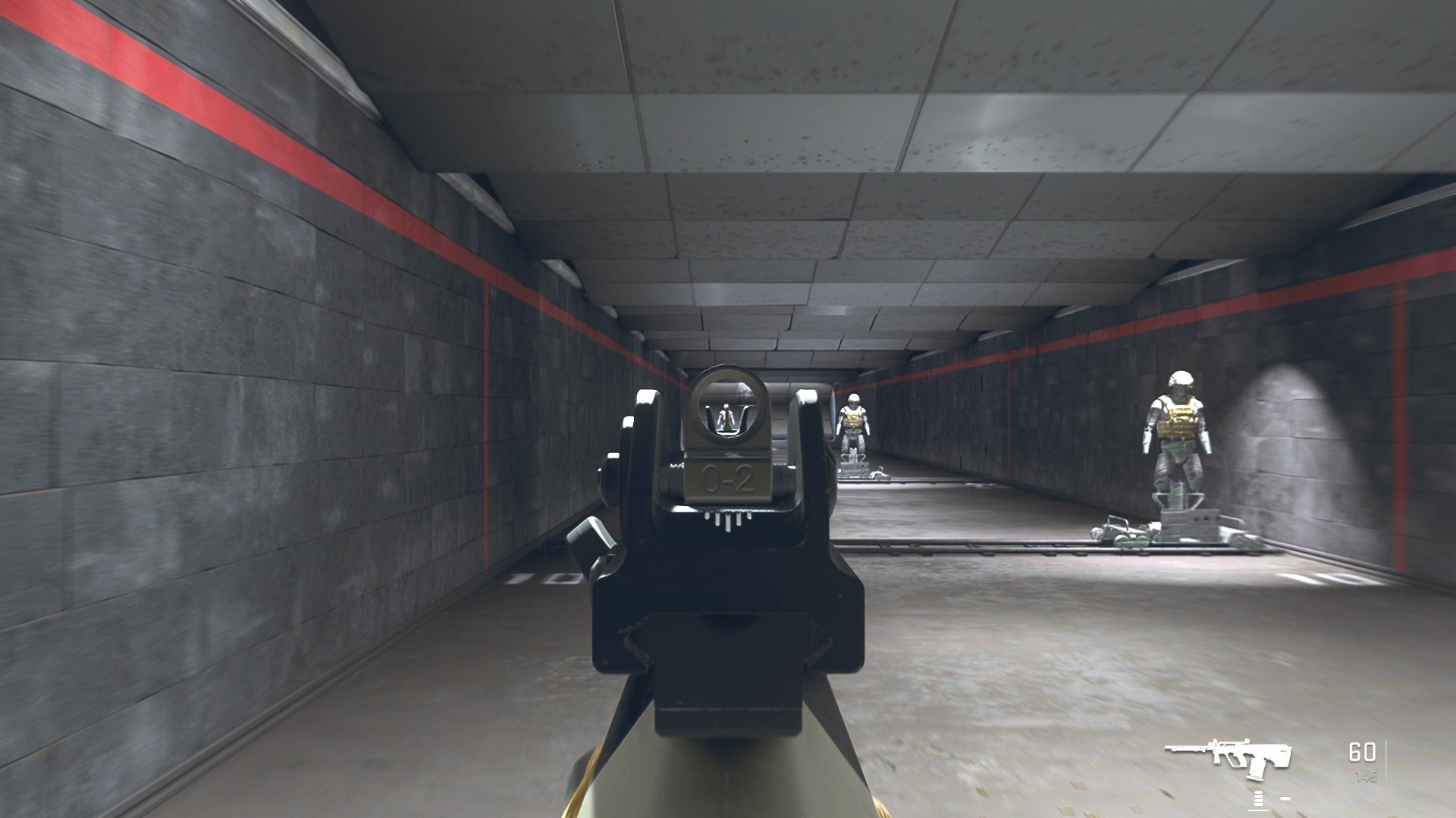 The player in Warzone 2.0 aims at a training dummy with the HCR 56 ironsights.