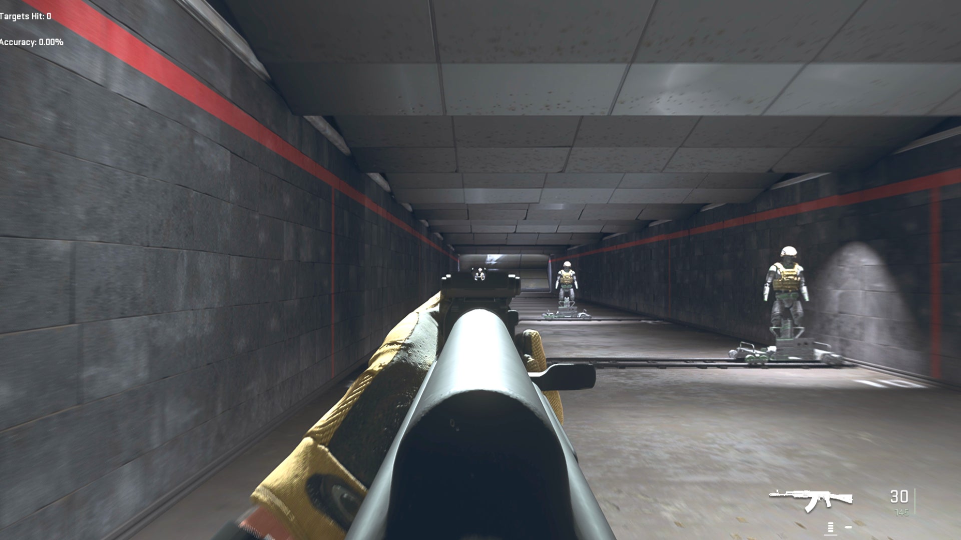 The player in Warzone 2.0 aims at a training dummy with the Kastov 762 ironsights.