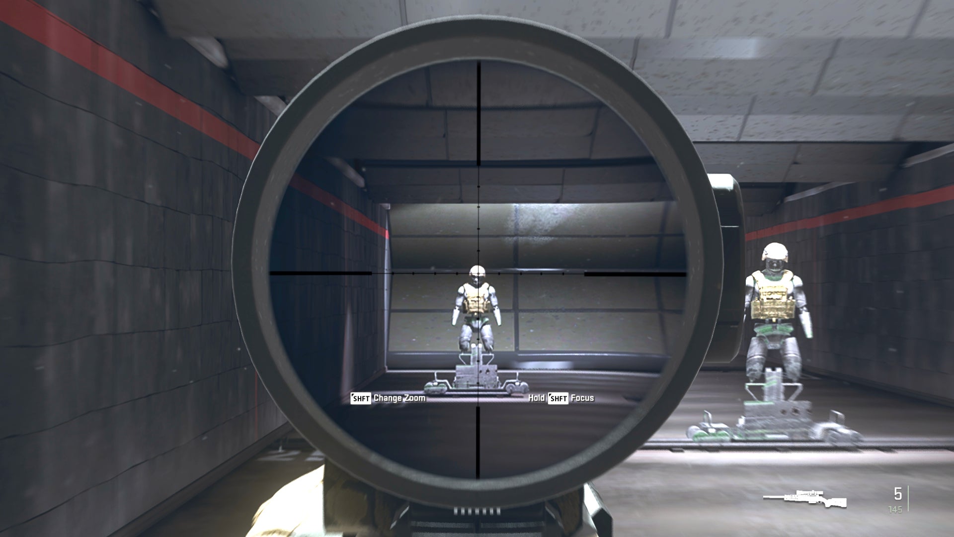 The player in Warzone 2.0 aims at a training dummy with the LA-B 330 default scope.