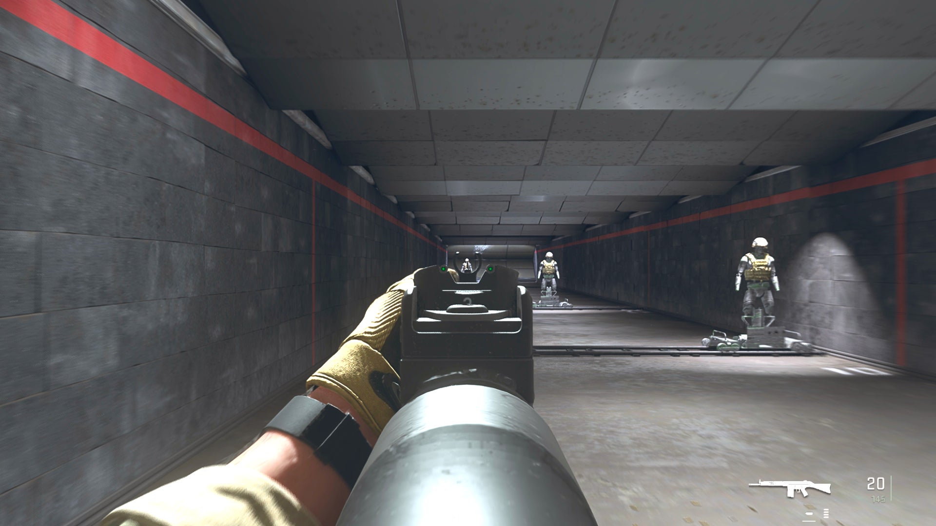 The player in Warzone 2.0 aims at a training dummy with the Lachmann-762 ironsights.