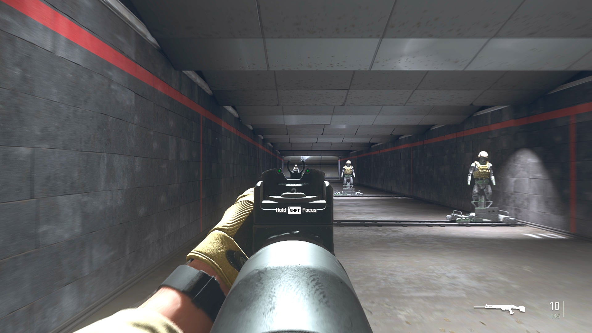 The player in Warzone 2.0 aims at a training dummy with the LM-S ironsights.