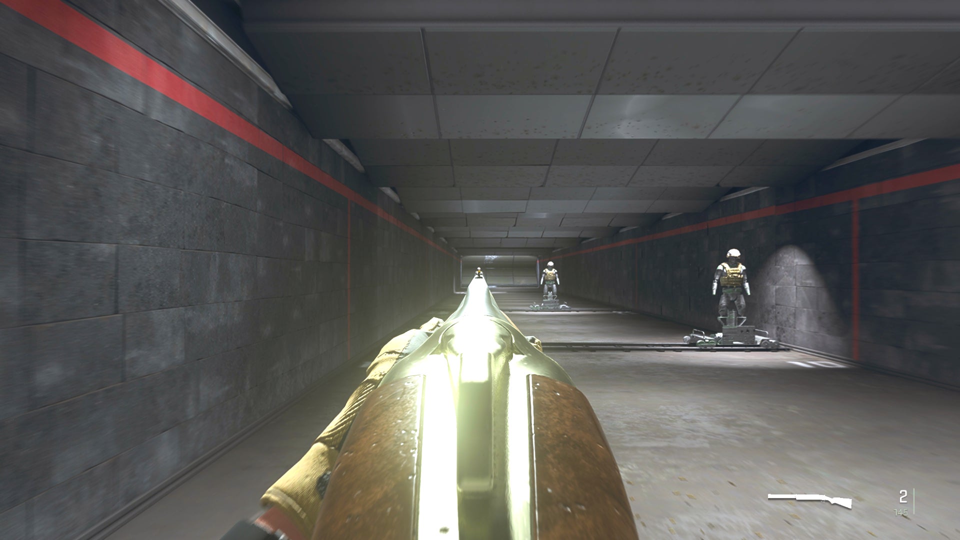 The player in Warzone 2.0 aims at a training dummy with the Lockwood 300 ironsights.