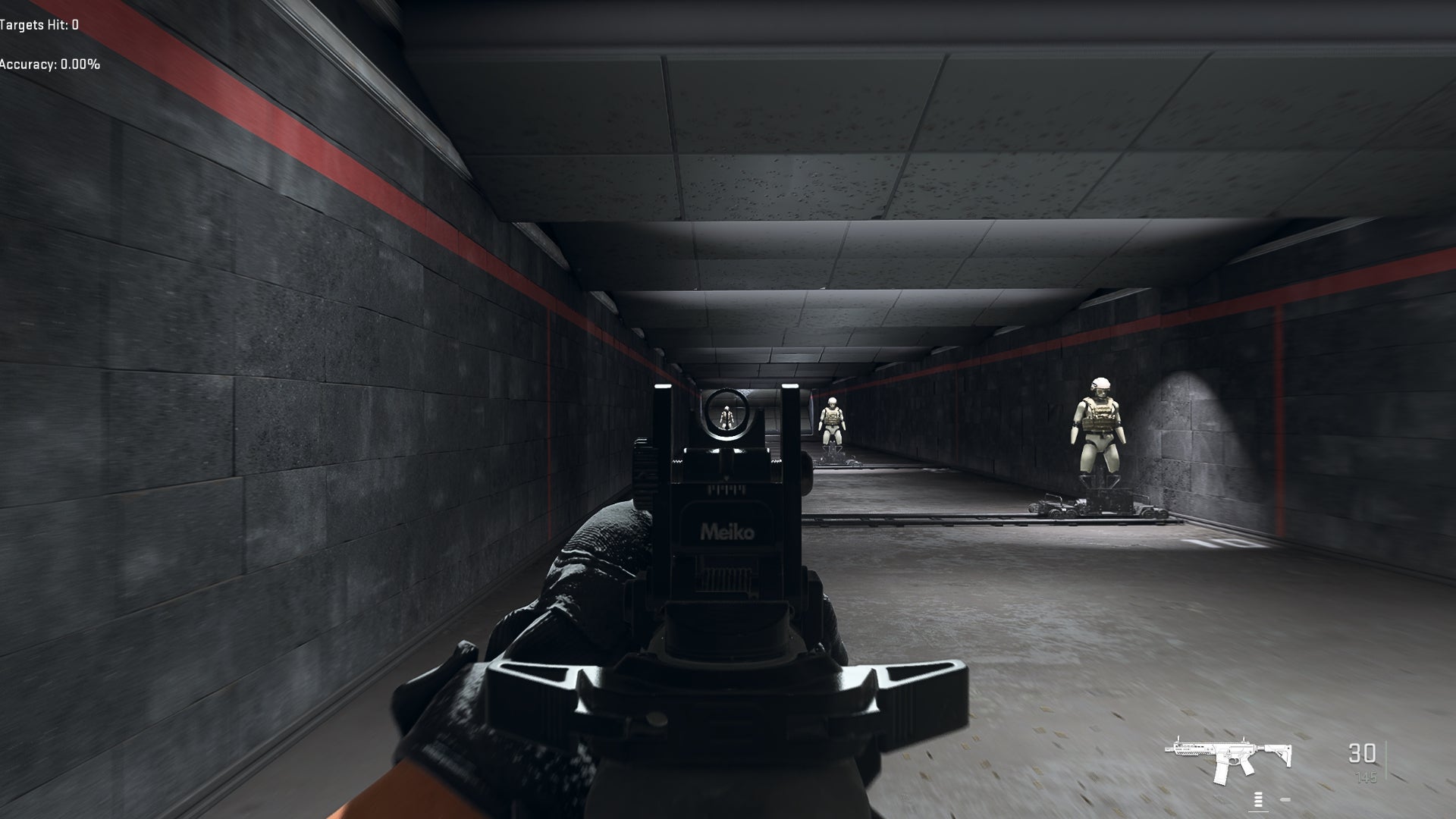 The player in Warzone 2.0 aims at a training dummy with the M13B ironsights.