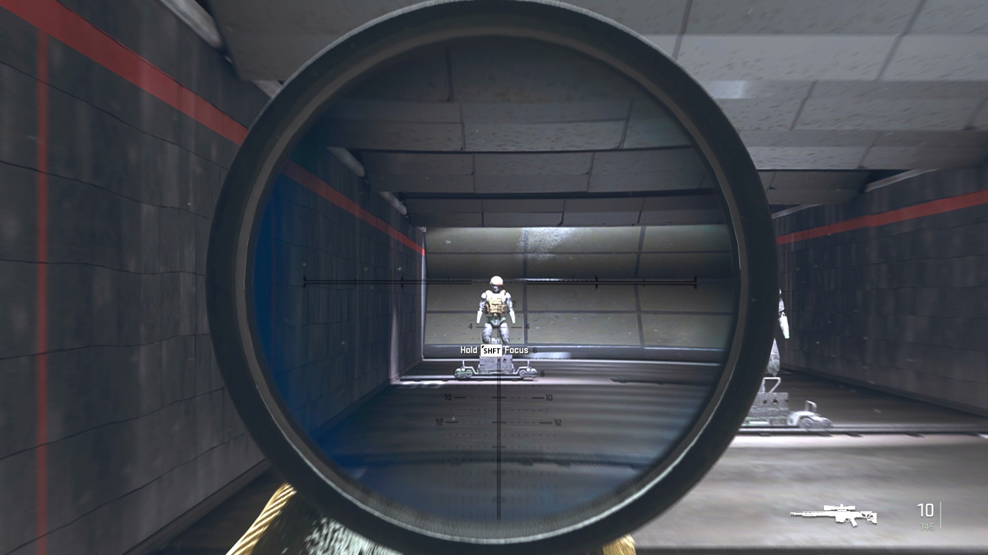 The player in Warzone 2.0 aims at a training dummy with the MCPR-300 default scope.