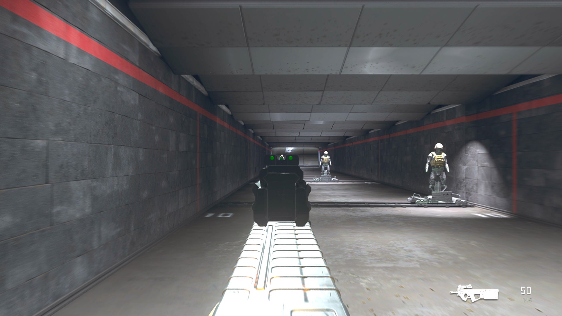 The player in Warzone 2.0 aims at a training dummy with the PDSW-528 ironsights.