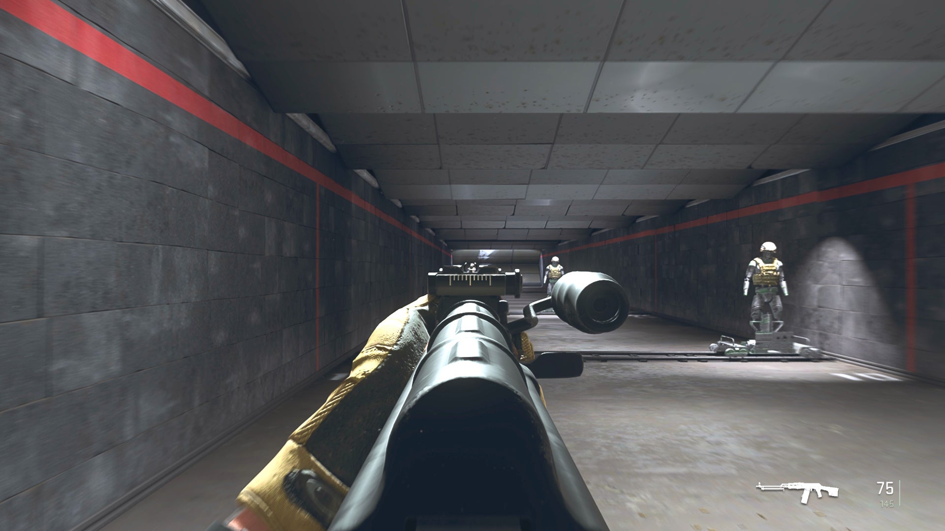 The player in Warzone 2.0 aims at a training dummy with the RPK ironsights.