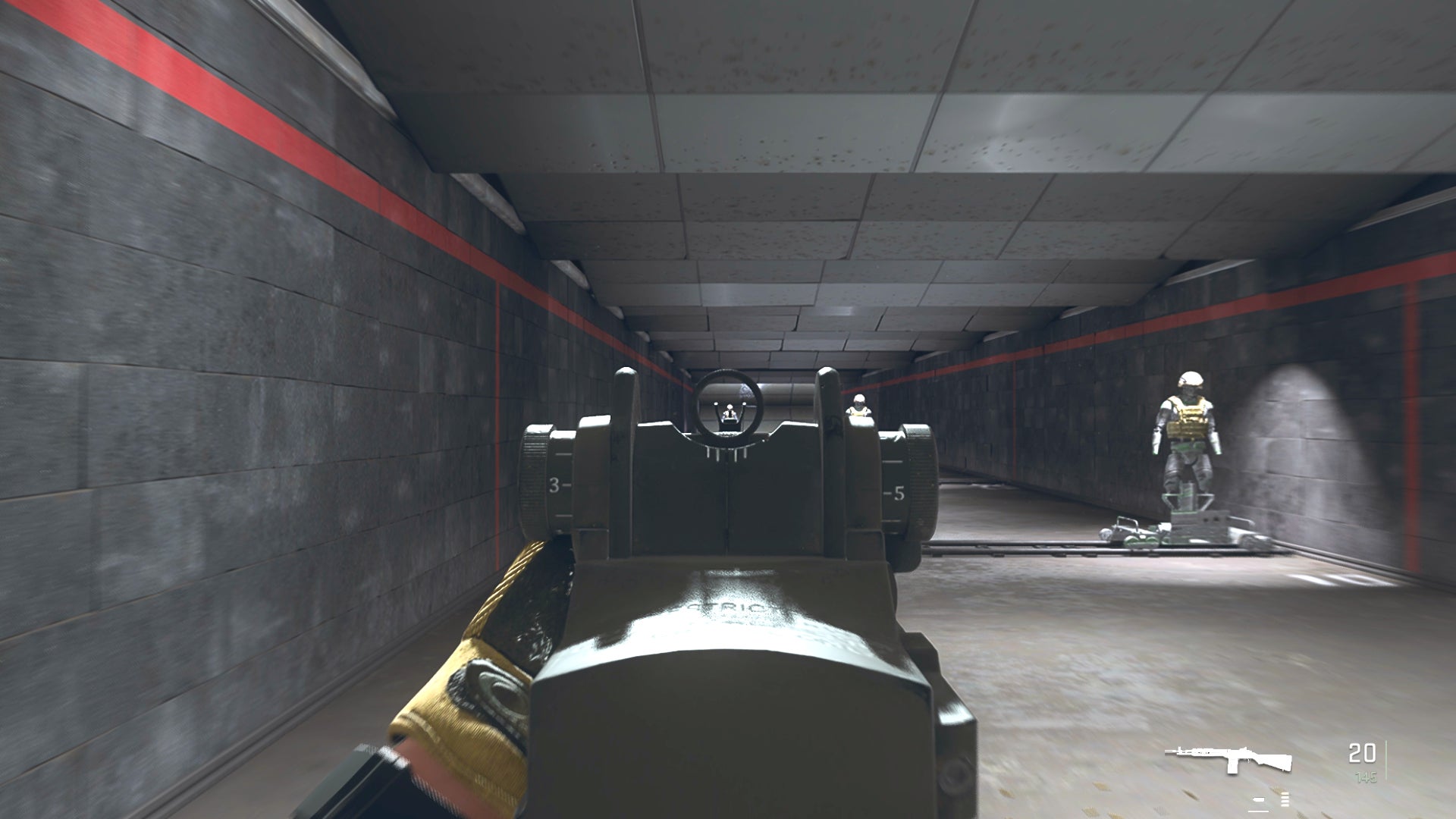 The player in Warzone 2.0 aims at a training dummy with the S0-14 ironsights.