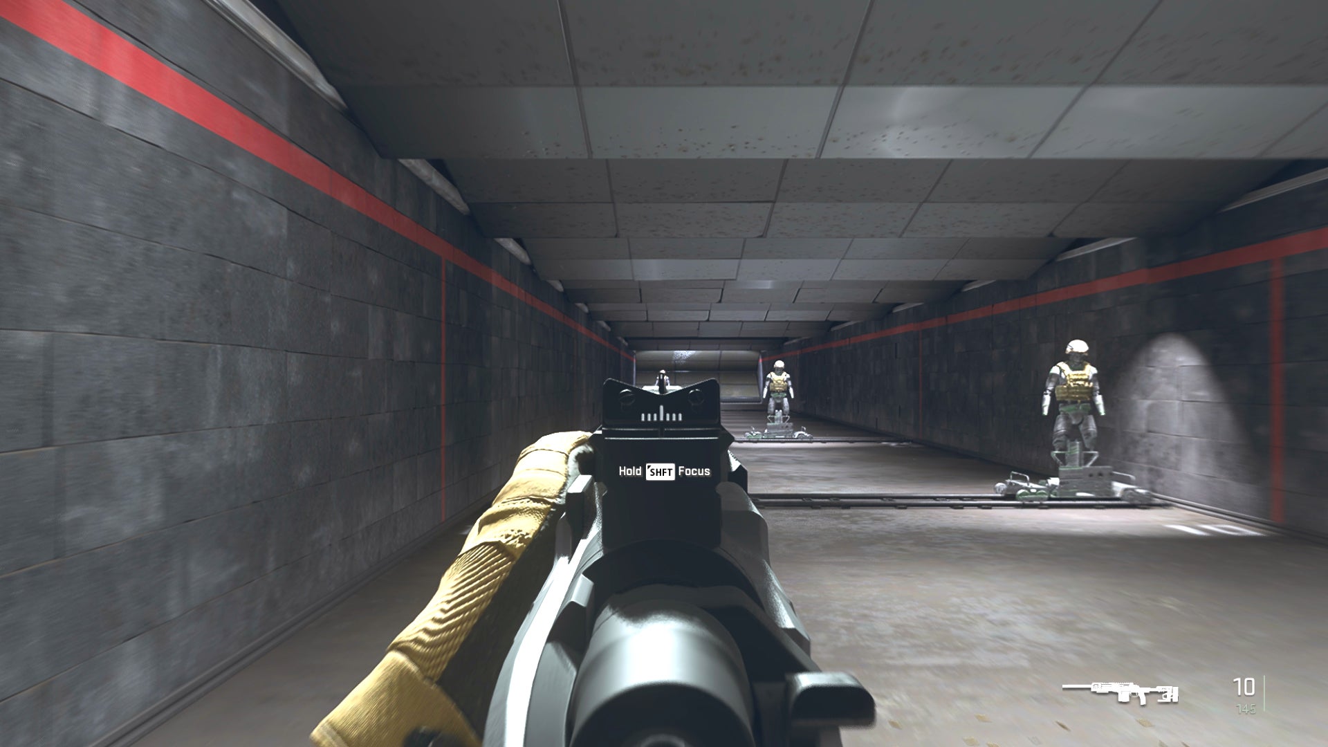 The player in Warzone 2.0 aims at a training dummy with the SA-B 50 ironsights.