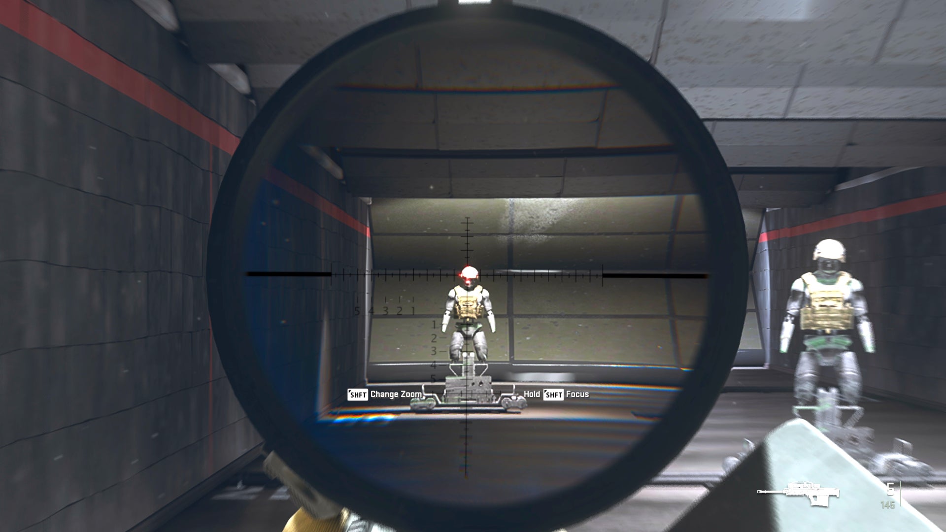 The player in Warzone 2.0 aims at a training dummy with the Signal 50 default scope.