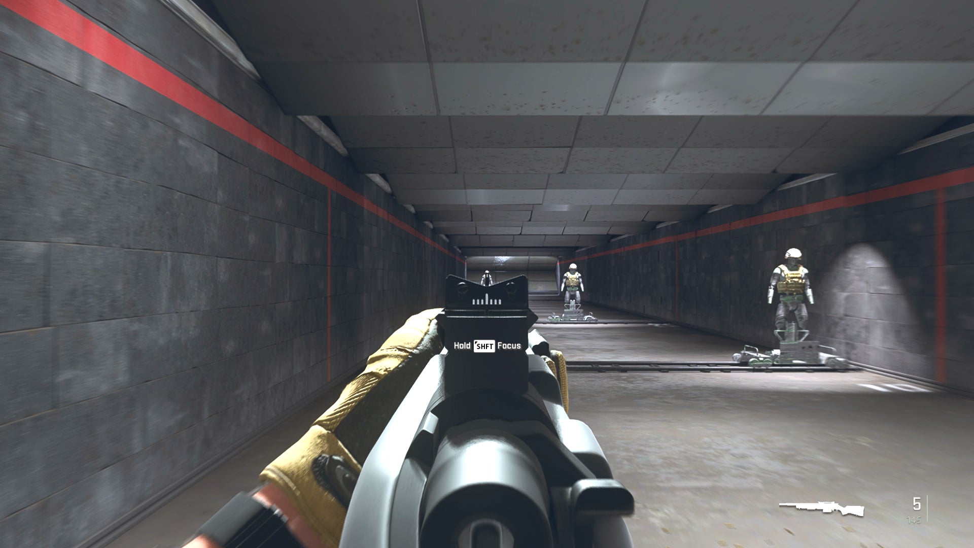 The player in Warzone 2.0 aims at a training dummy with the SP-R 208 ironsights.