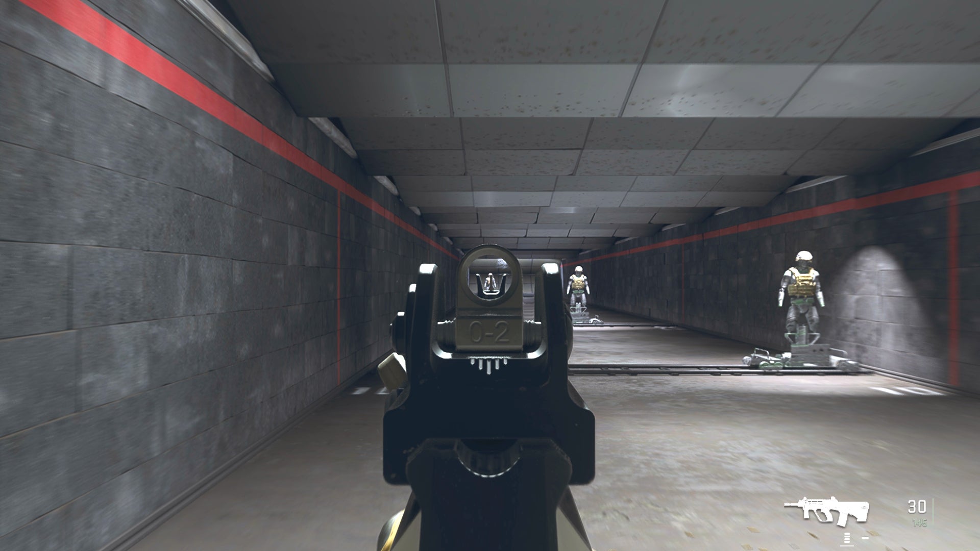 The player in Warzone 2.0 aims at a training dummy with the STB-556 ironsights.